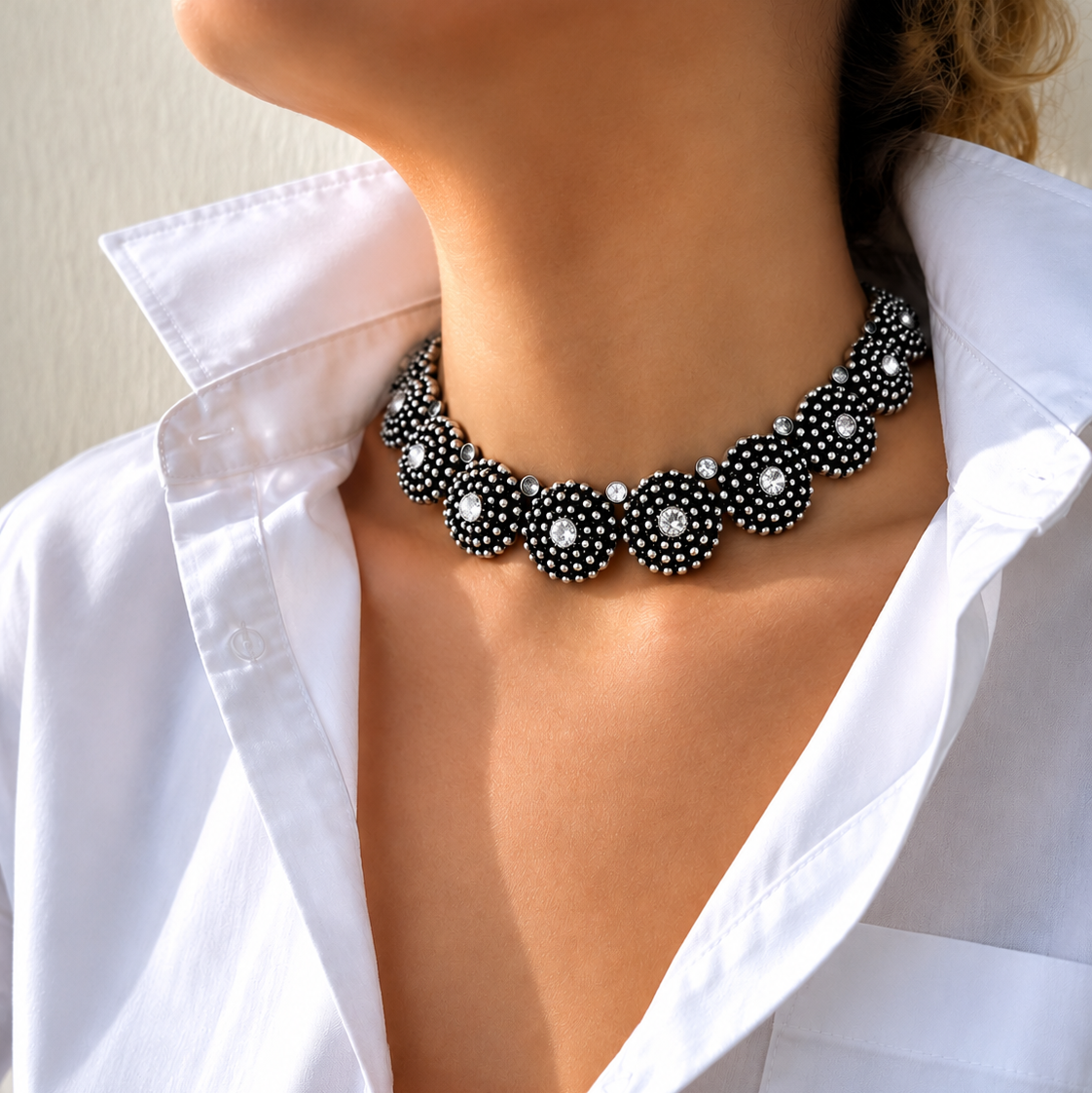 Oxidised Beaded Dome Stone Choker Necklace Set