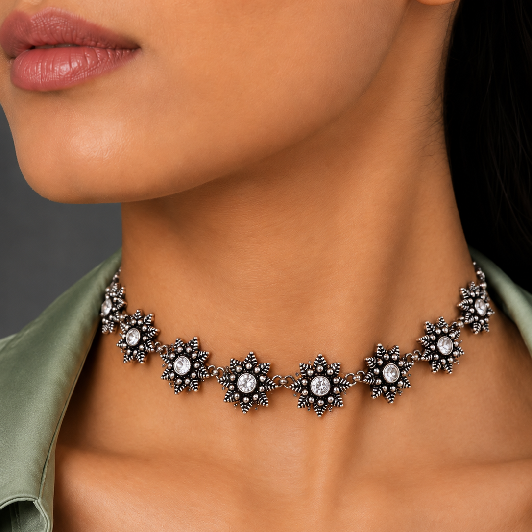 Oxidised Star Flower Stone Choker Necklace Set