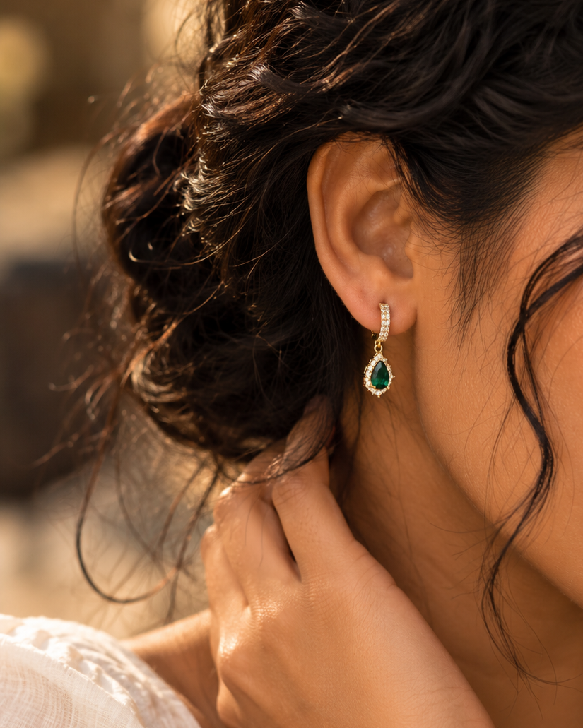 Pear Cut Halo Huggies Drop Earrings