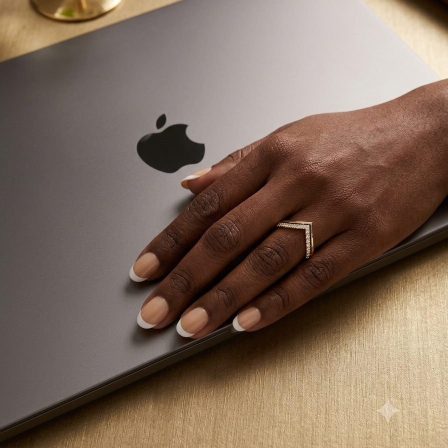 A close-up of a person's hand resting on a closed gray Apple laptop, wearing a gold chevron ring. The hand has a French manicure and is resting on a textured beige surface with a glass of water and a brown leather notebook in the background.