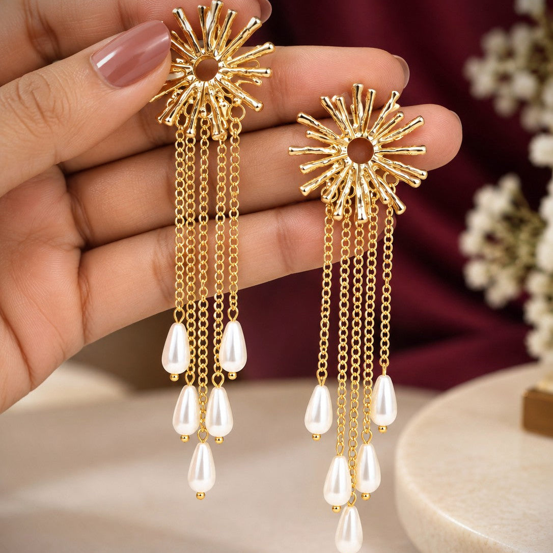 Sunburst Pearl Tassel Earrings
