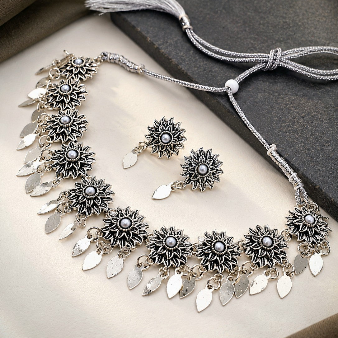 Oxidised Pearl Flower Fringe Choker Necklace Set