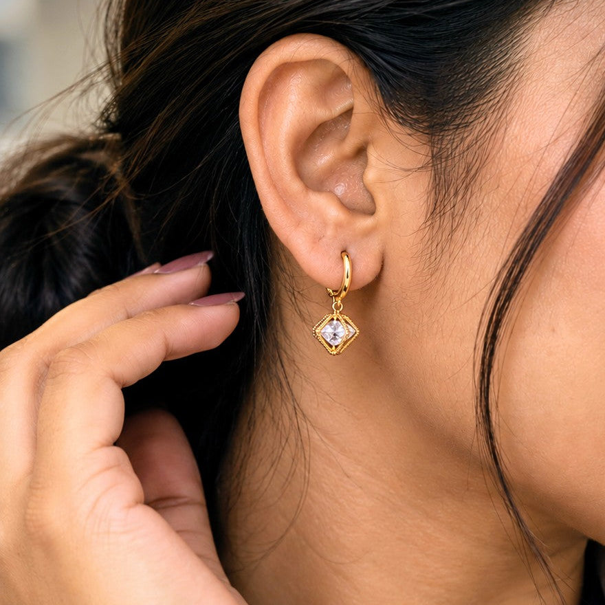 Caged Square CZ Huggies Drop Earrings