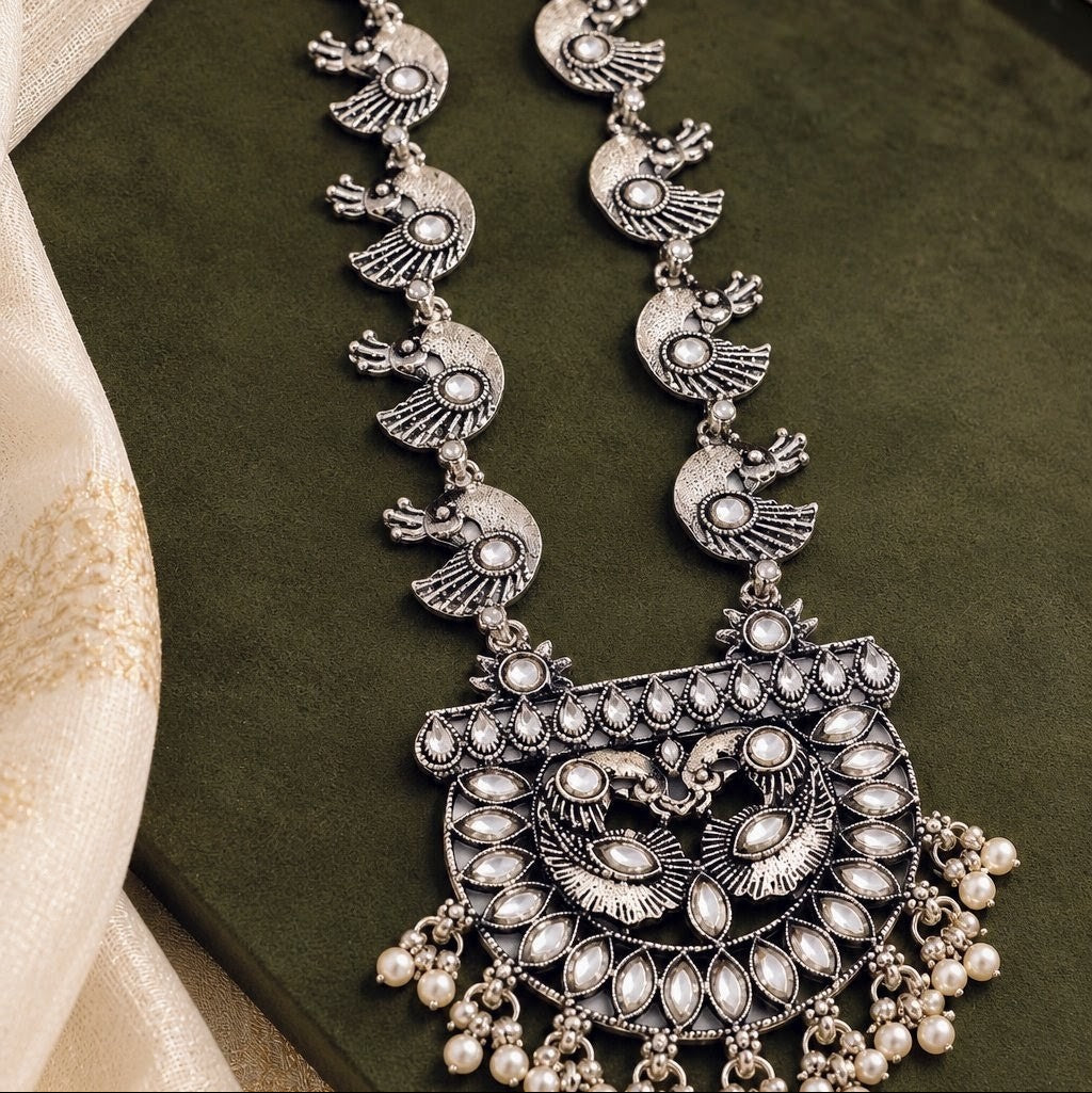 Oxidised Peacock Kundan Long Necklace