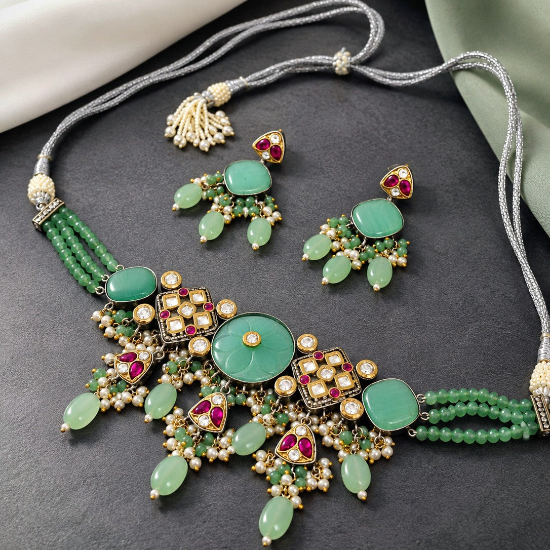 Kundan Floral Pearl Fringe Choker Necklace
