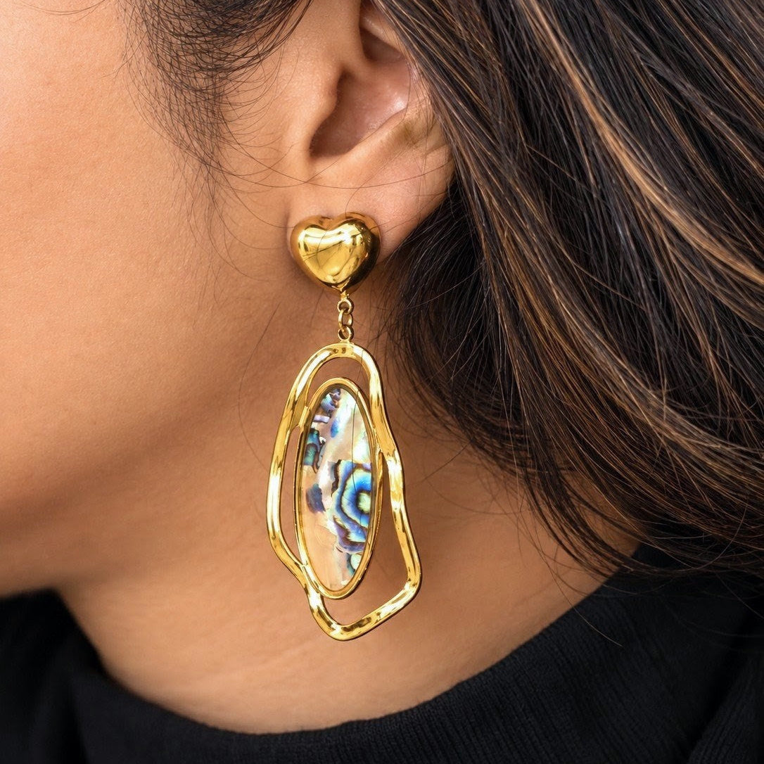 Heart Stud Abalone Finish Drop Earrings