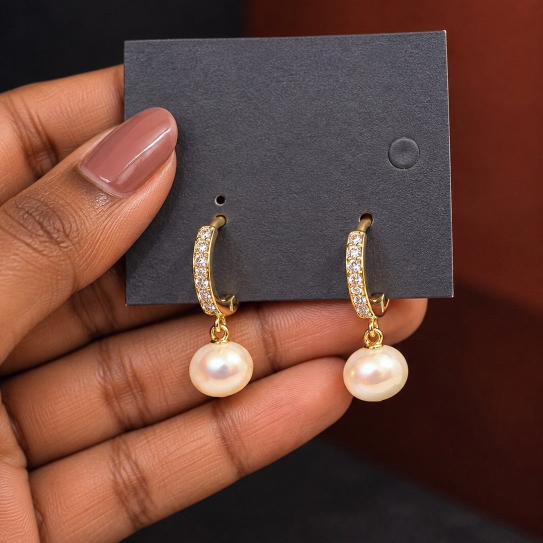 Pearl Drop Pavé Huggies Earrings