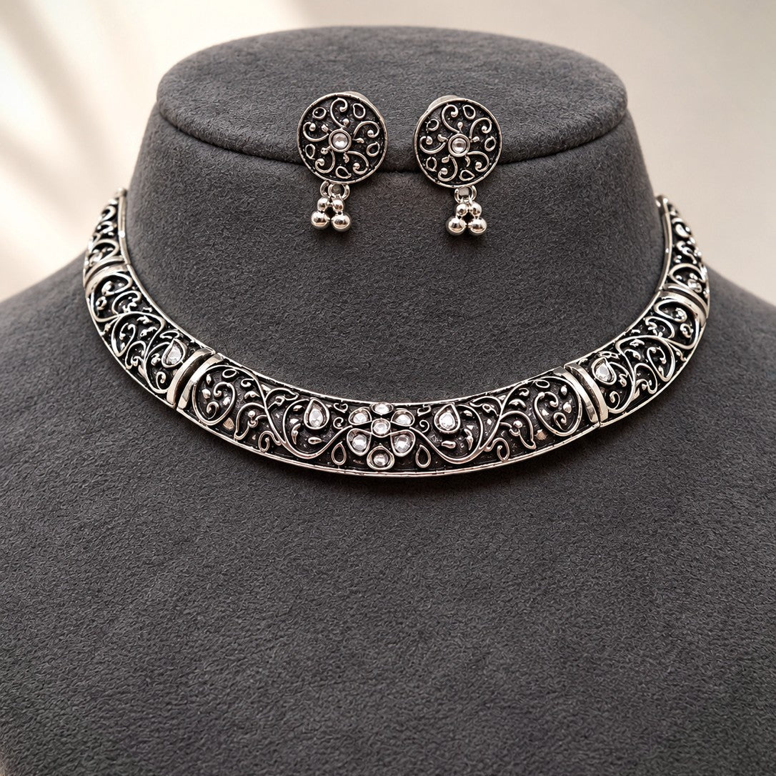 Oxidised Filigree Kundan Hasli Necklace Set