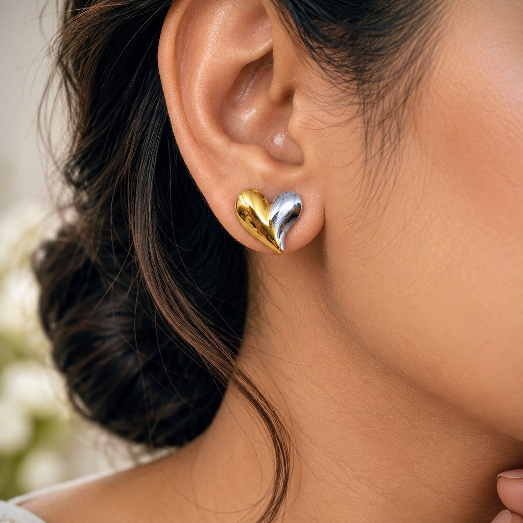 Two Tone Puffed Heart Stud Earrings