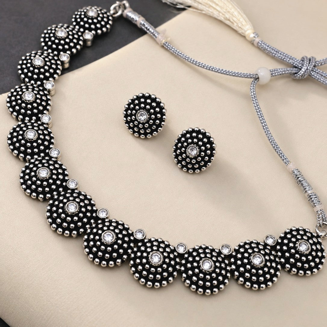 Oxidised Beaded Dome Stone Choker Necklace Set