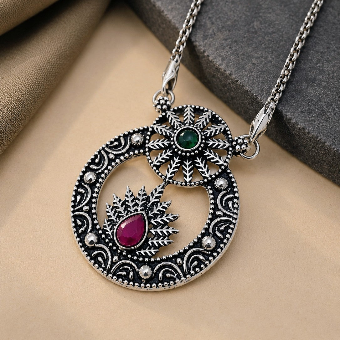 Oxidised Fern Leaf Circle Pendant Necklace