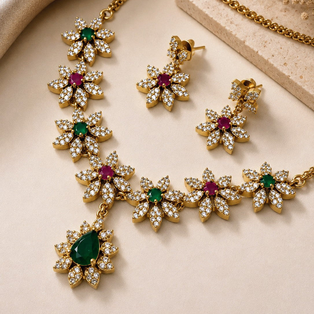 Floral CZ Cluster Necklace