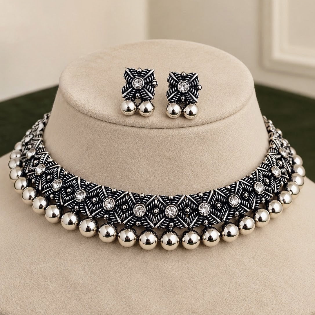 Oxidised Ball Fringe Stone Choker Necklace Set