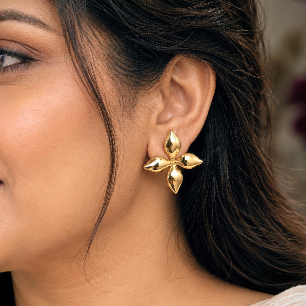 Puffed Four Petal Flower Earrings