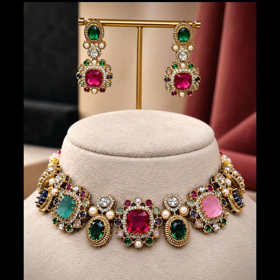 Cushion Medallion Multi-Gem Choker Necklace