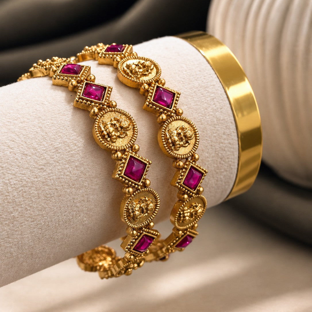 Coin Square Stone Bangle Pair