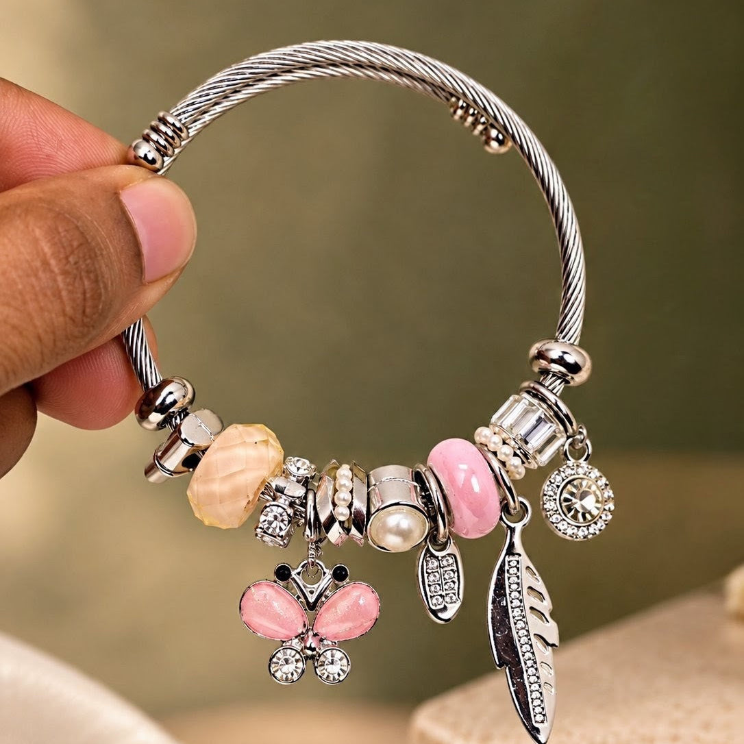 Blush Butterfly Feather Charm Bangle