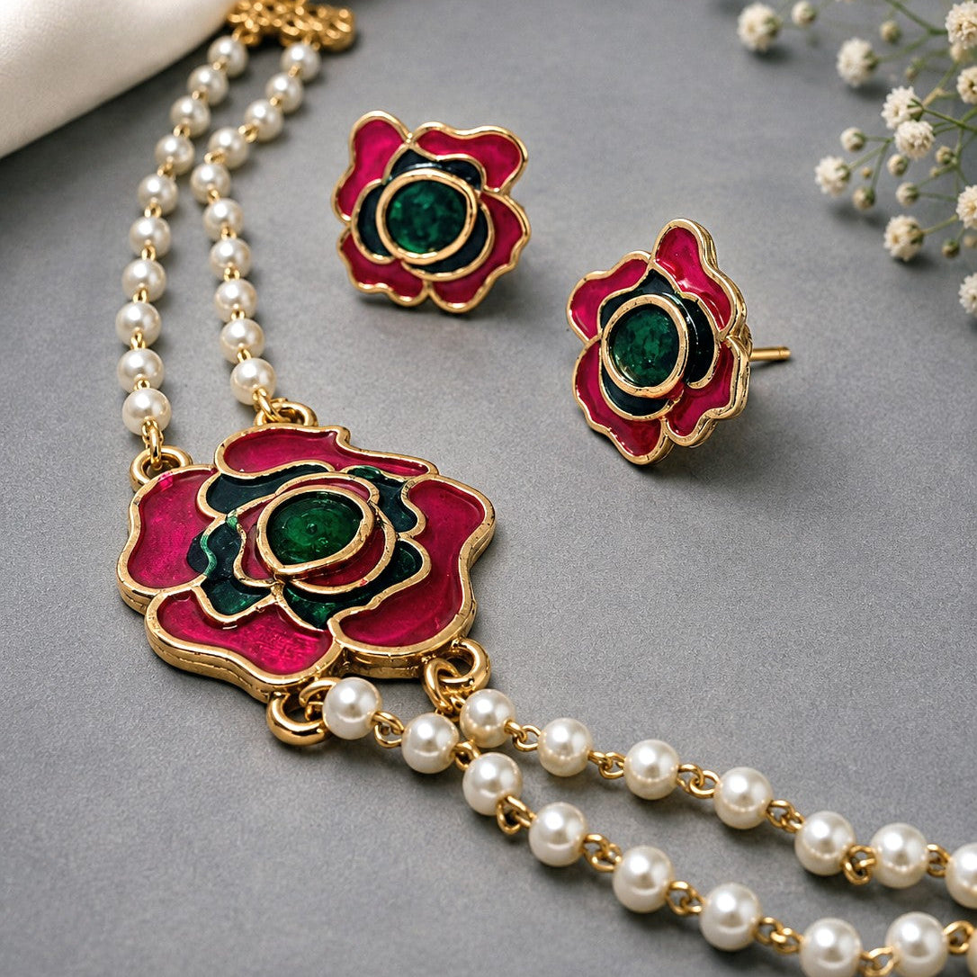Rose Pearl Necklace Set