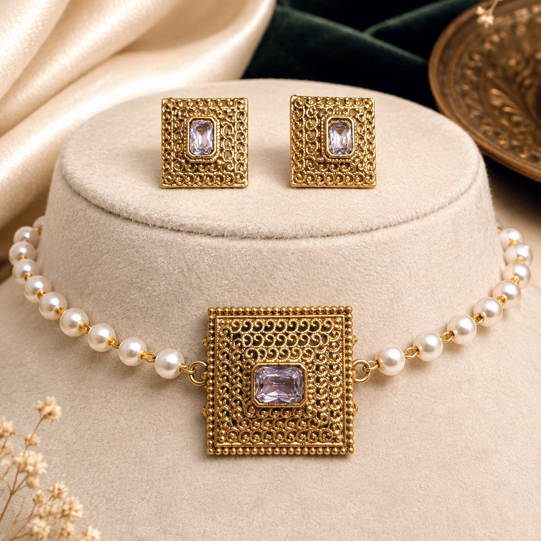 Square Filigree Pearl Necklace Set