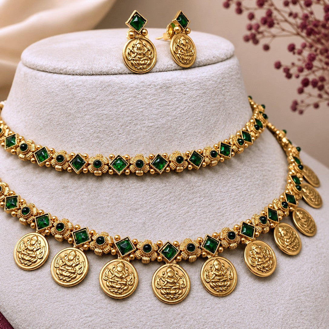 Floral Coin Charm Necklace Set
