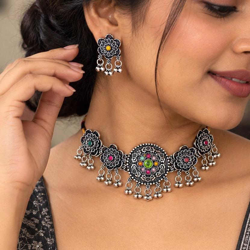 Oxidised Medallion Flower Ghungroo Choker Necklace