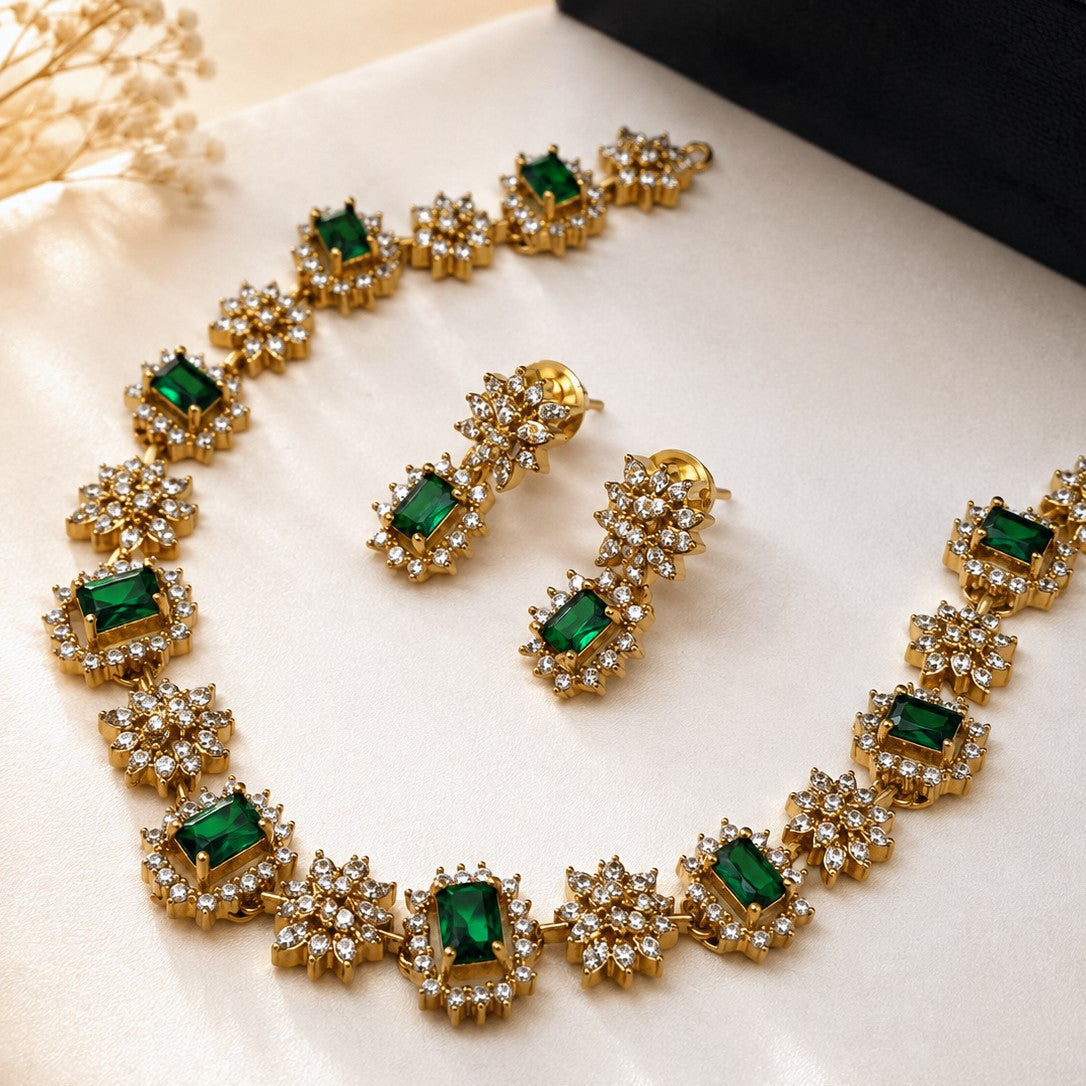 Emerald Cut Halo Necklace Set