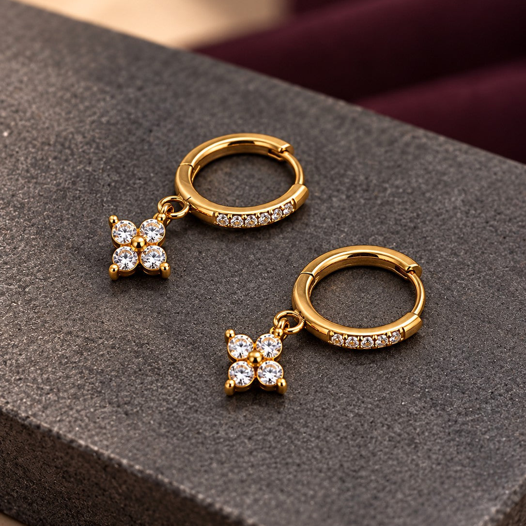 Round CZ Clover Huggies Drop Earrings
