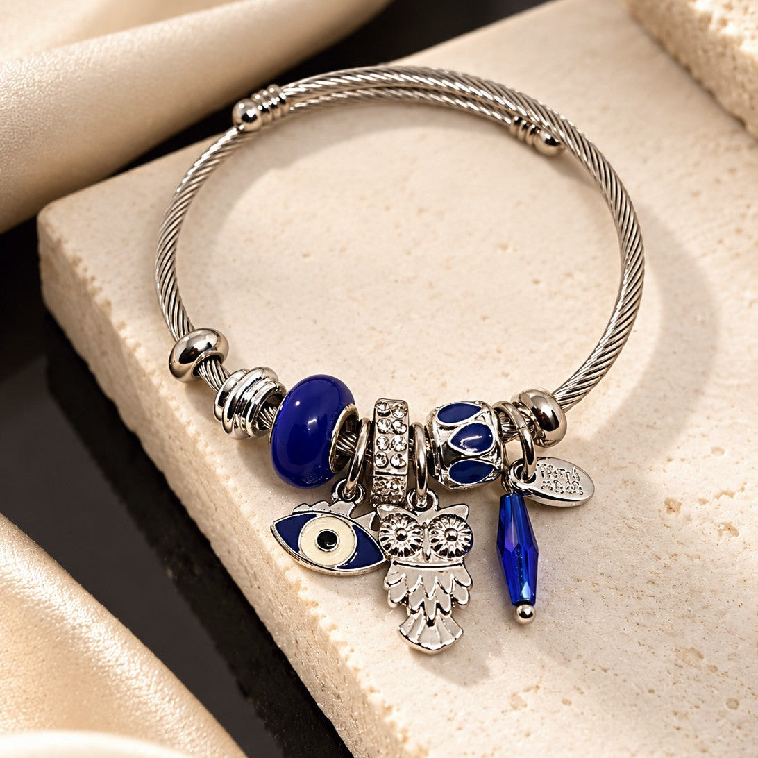 Evil Eye Owl Charm Bangle
