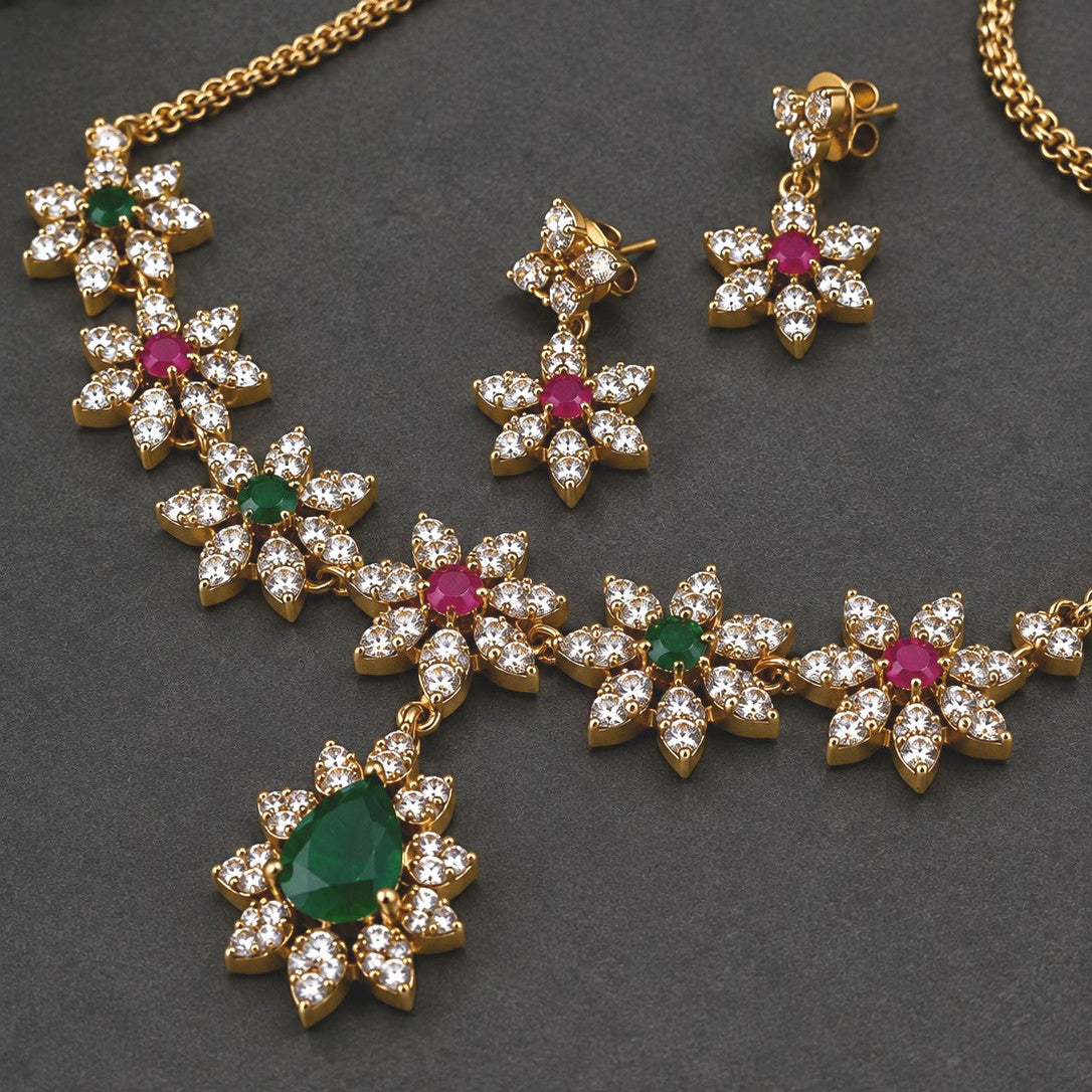 Floral CZ Cluster Necklace