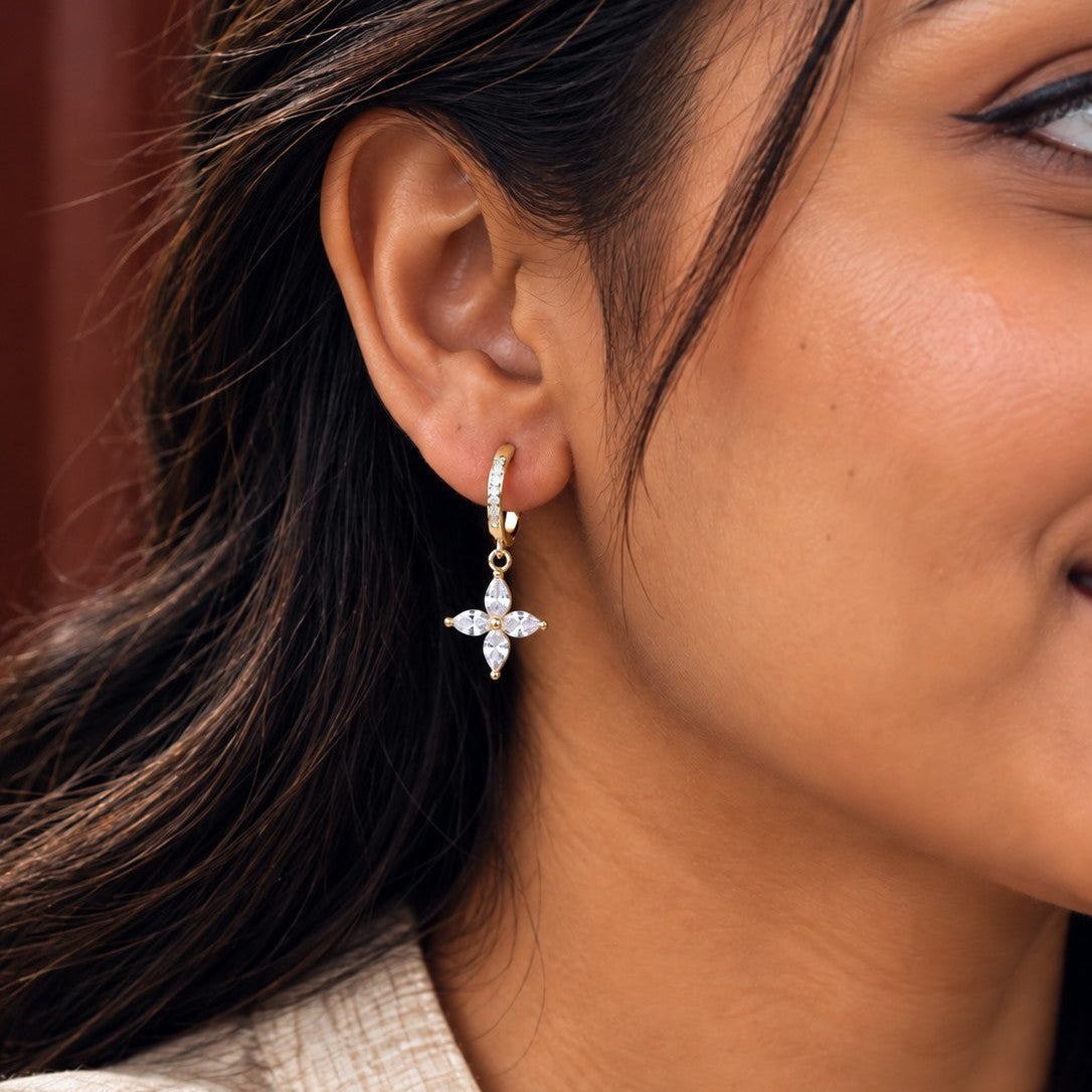 Marquise CZ Flower Huggies Drop Earrings