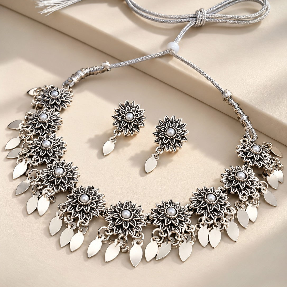 Oxidised Pearl Flower Fringe Choker Necklace Set