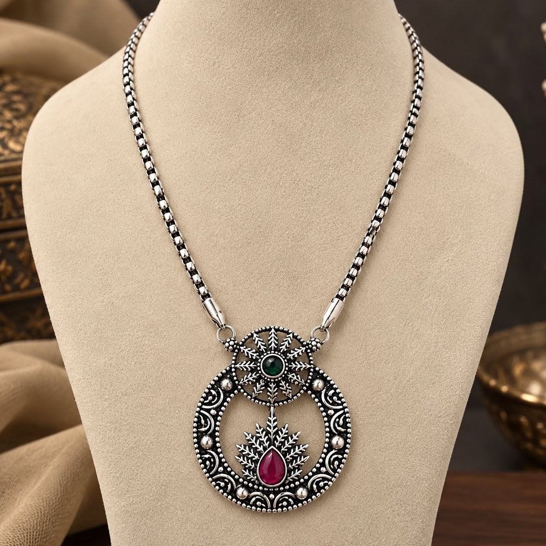 Oxidised Fern Leaf Circle Pendant Necklace