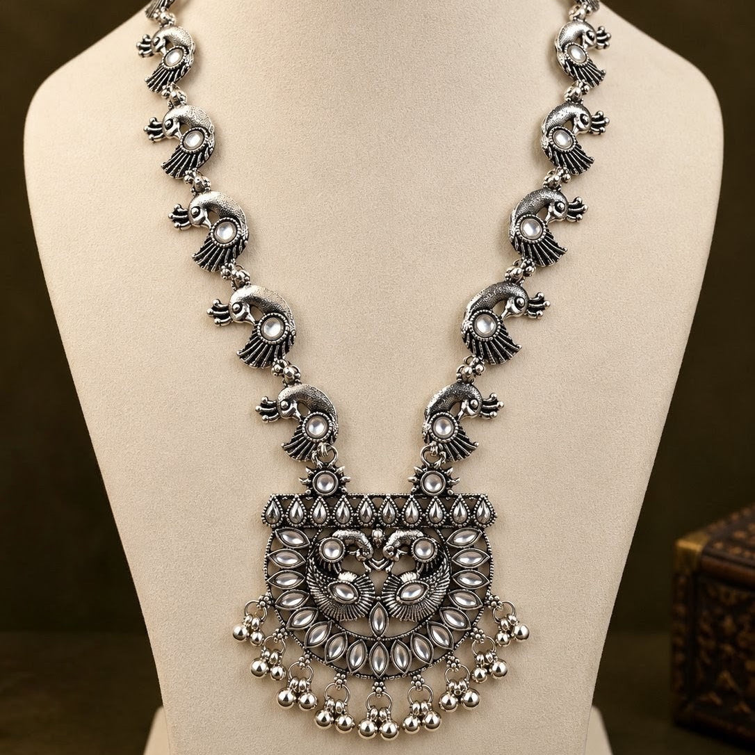 Oxidised Peacock Kundan Long Necklace