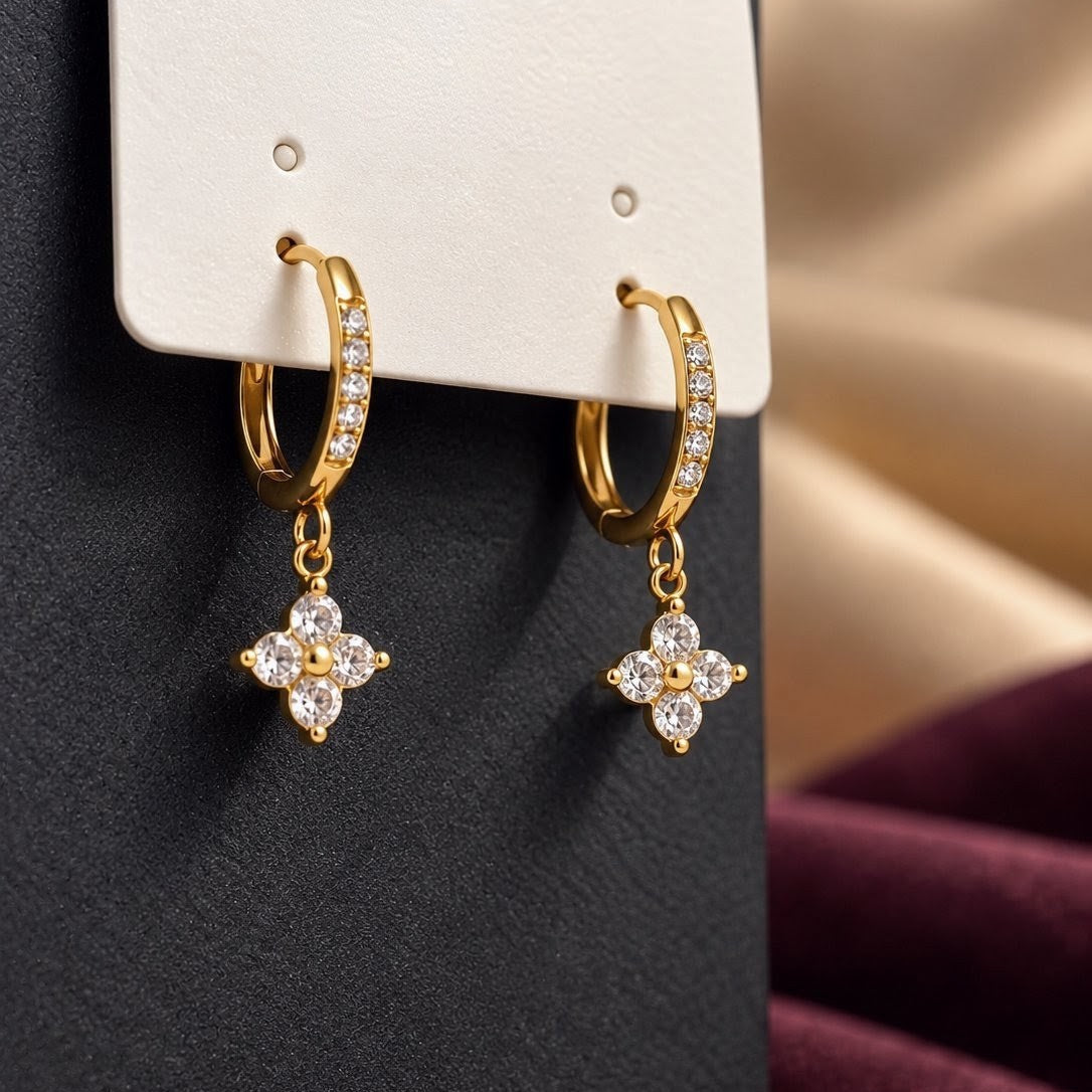 Round CZ Clover Huggies Drop Earrings