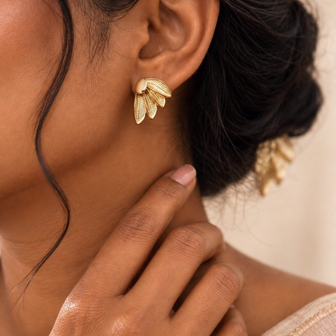 Engraved Leaf Fan Stud Earrings