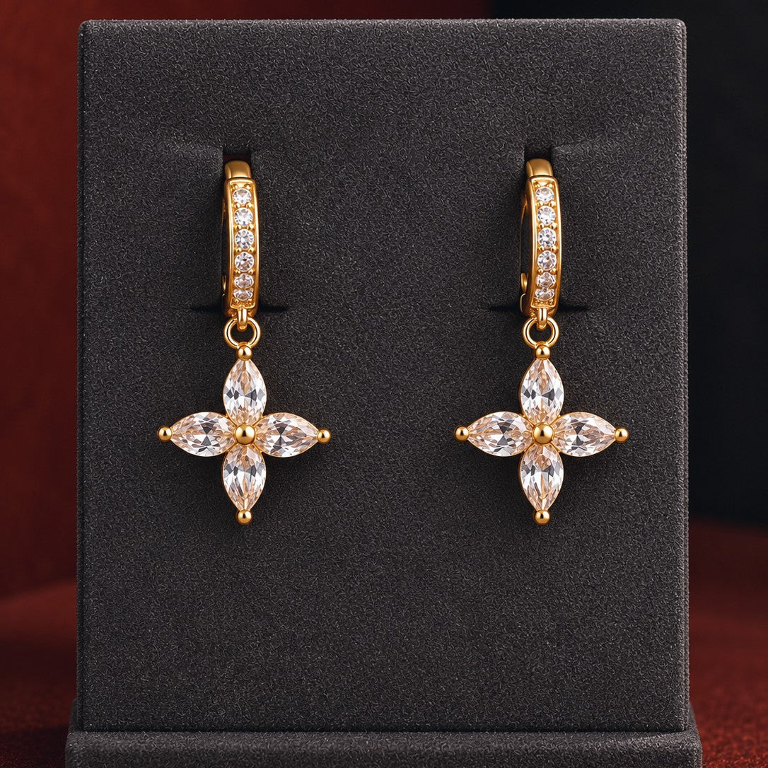 Marquise CZ Flower Huggies Drop Earrings