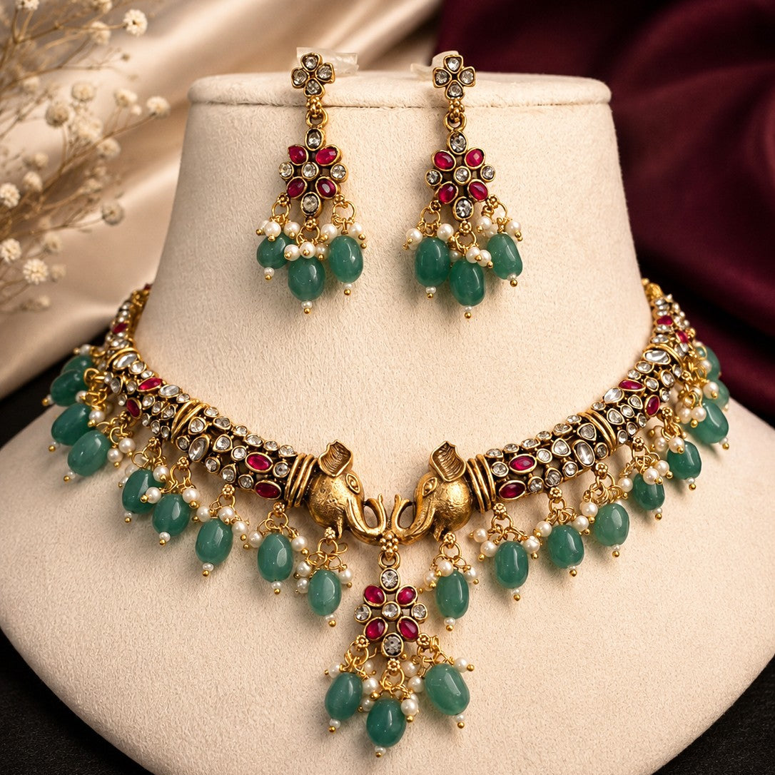Elephant Kundan Bead Necklace Set