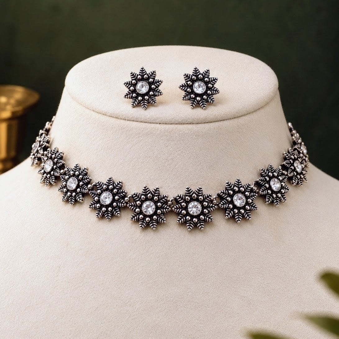 Oxidised Star Flower Stone Choker Necklace Set