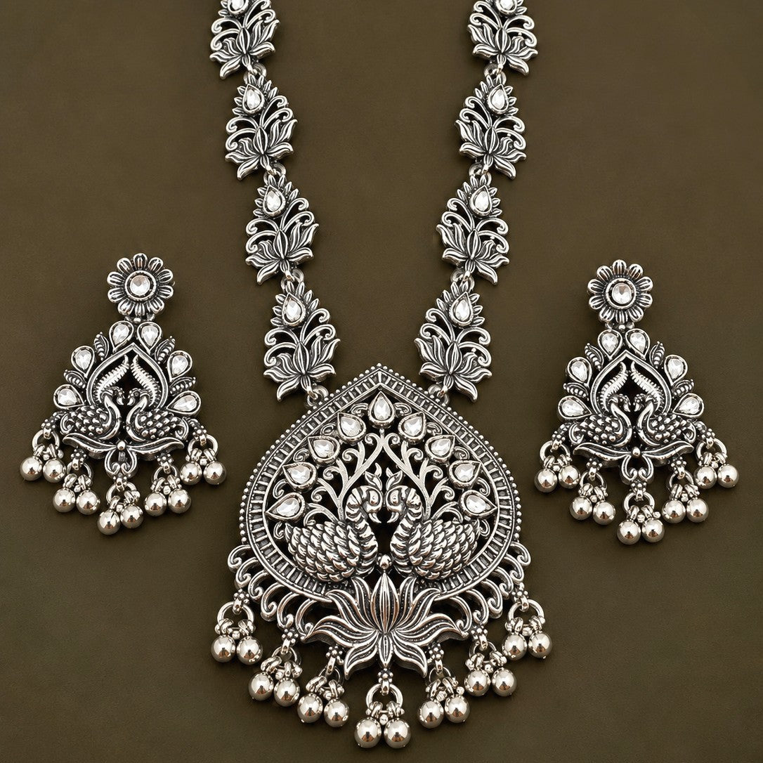 Oxidised Lotus Swan Kundan Long Necklace