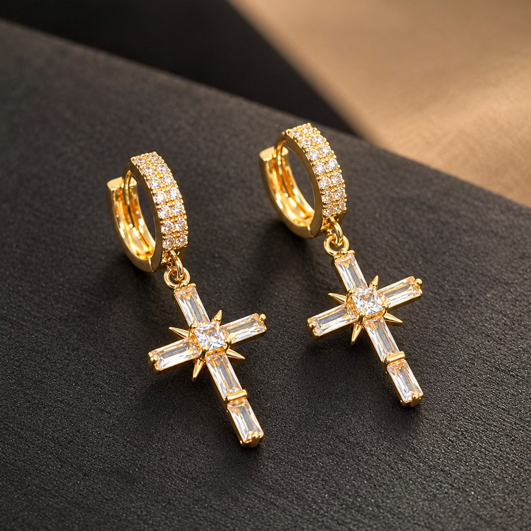 Baguette CZ Cross Huggies Drop Earrings