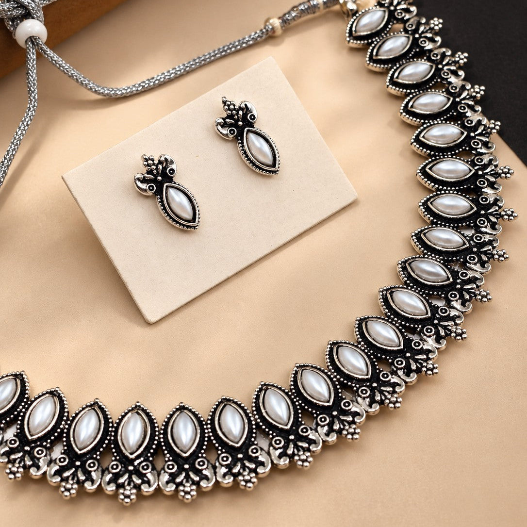 Oxidised Marquise Pearl Choker Necklace Set
