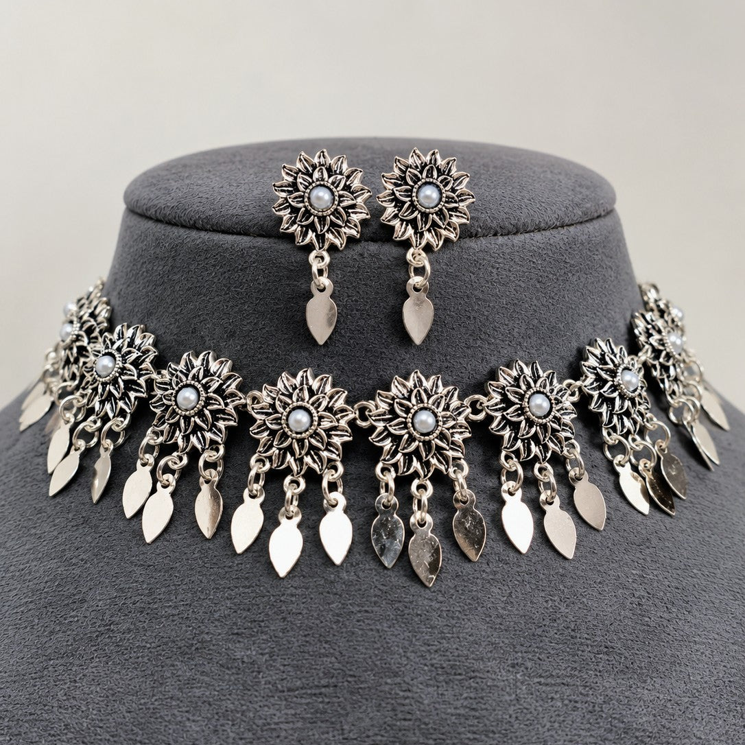 Oxidised Pearl Flower Fringe Choker Necklace Set