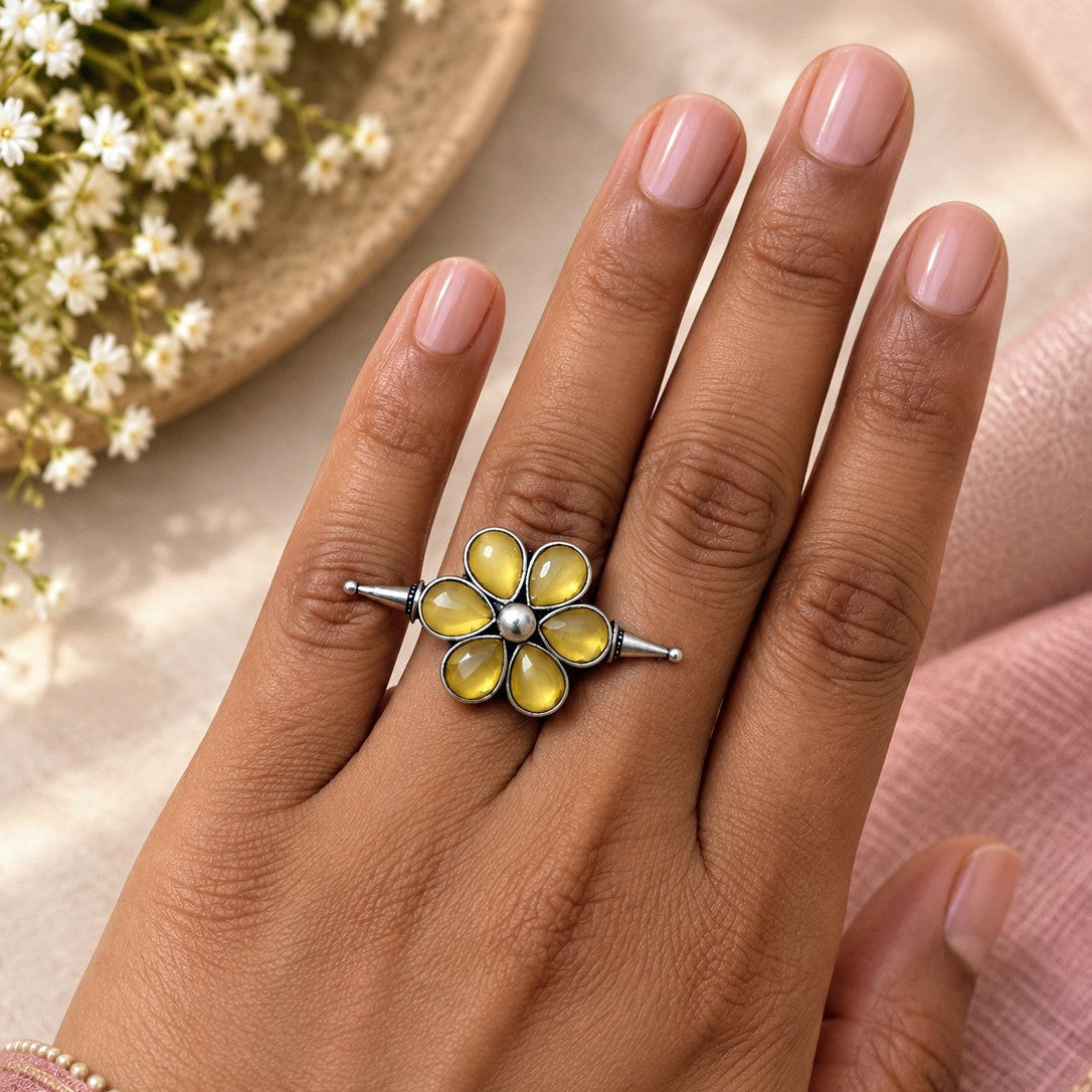 Oxidised Teardrop Flower Ring
