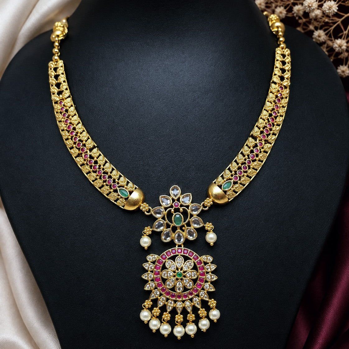 Floral Kundan Jhumka Necklace Set