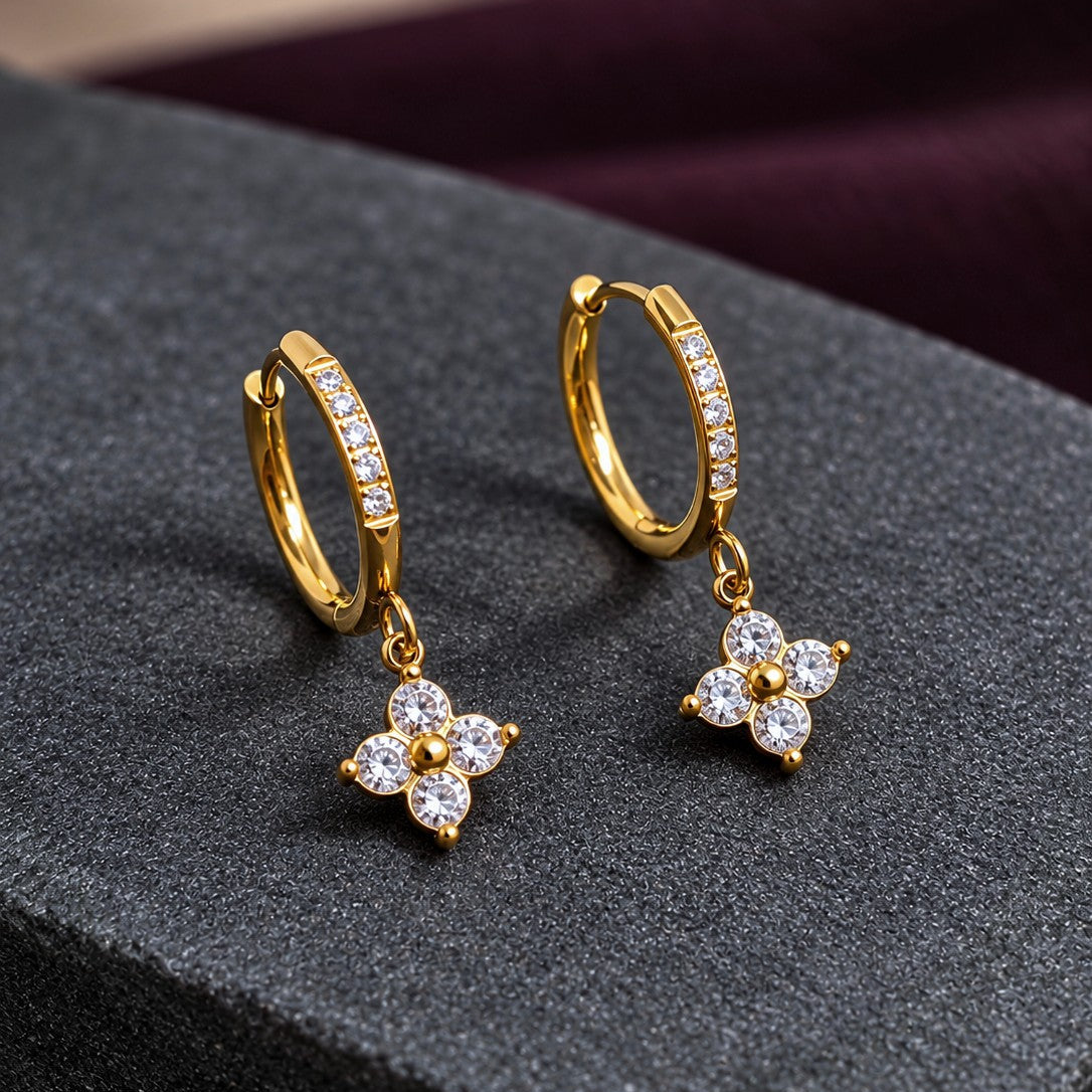 Round CZ Clover Huggies Drop Earrings