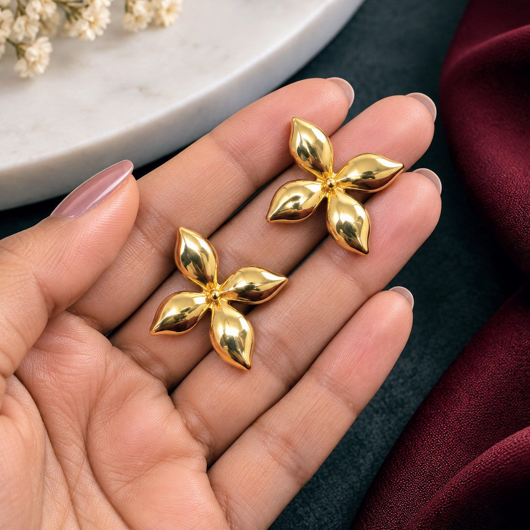 Puffed Four Petal Flower Earrings