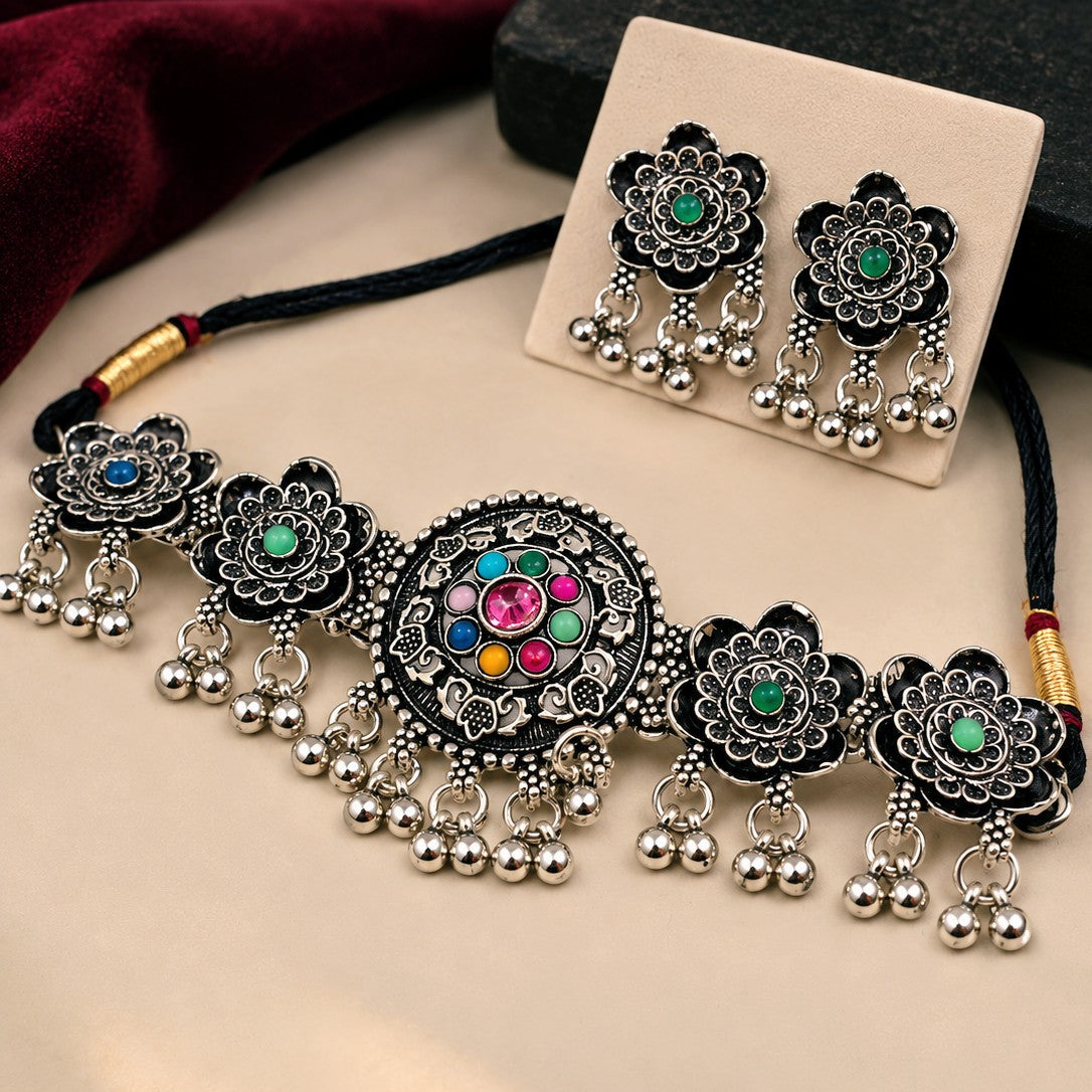 Oxidised Medallion Flower Ghungroo Choker Necklace