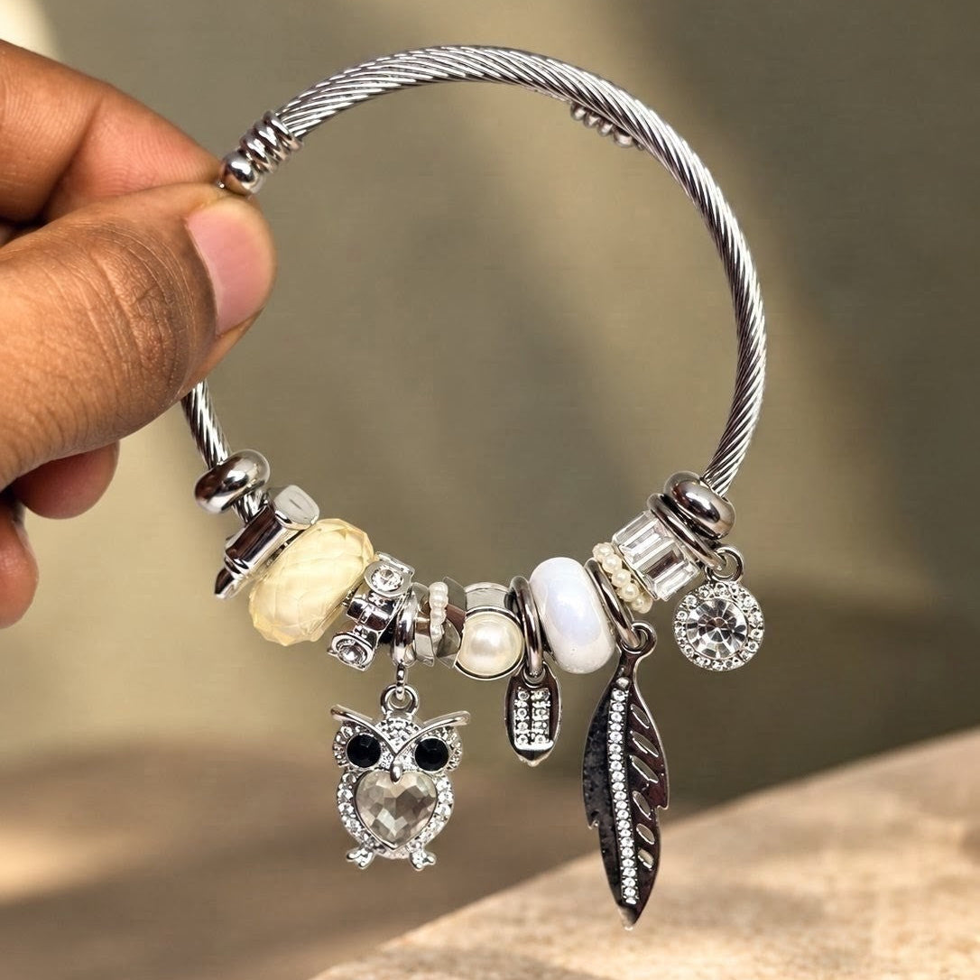 Owl Feather Charm Bangle