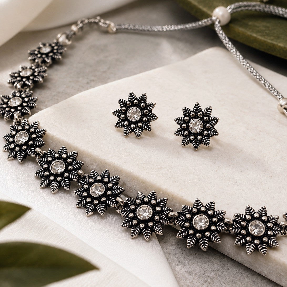 Oxidised Star Flower Stone Choker Necklace Set