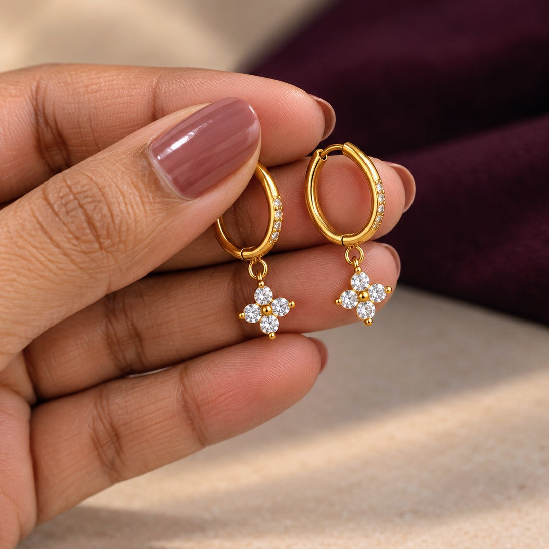 Round CZ Clover Huggies Drop Earrings